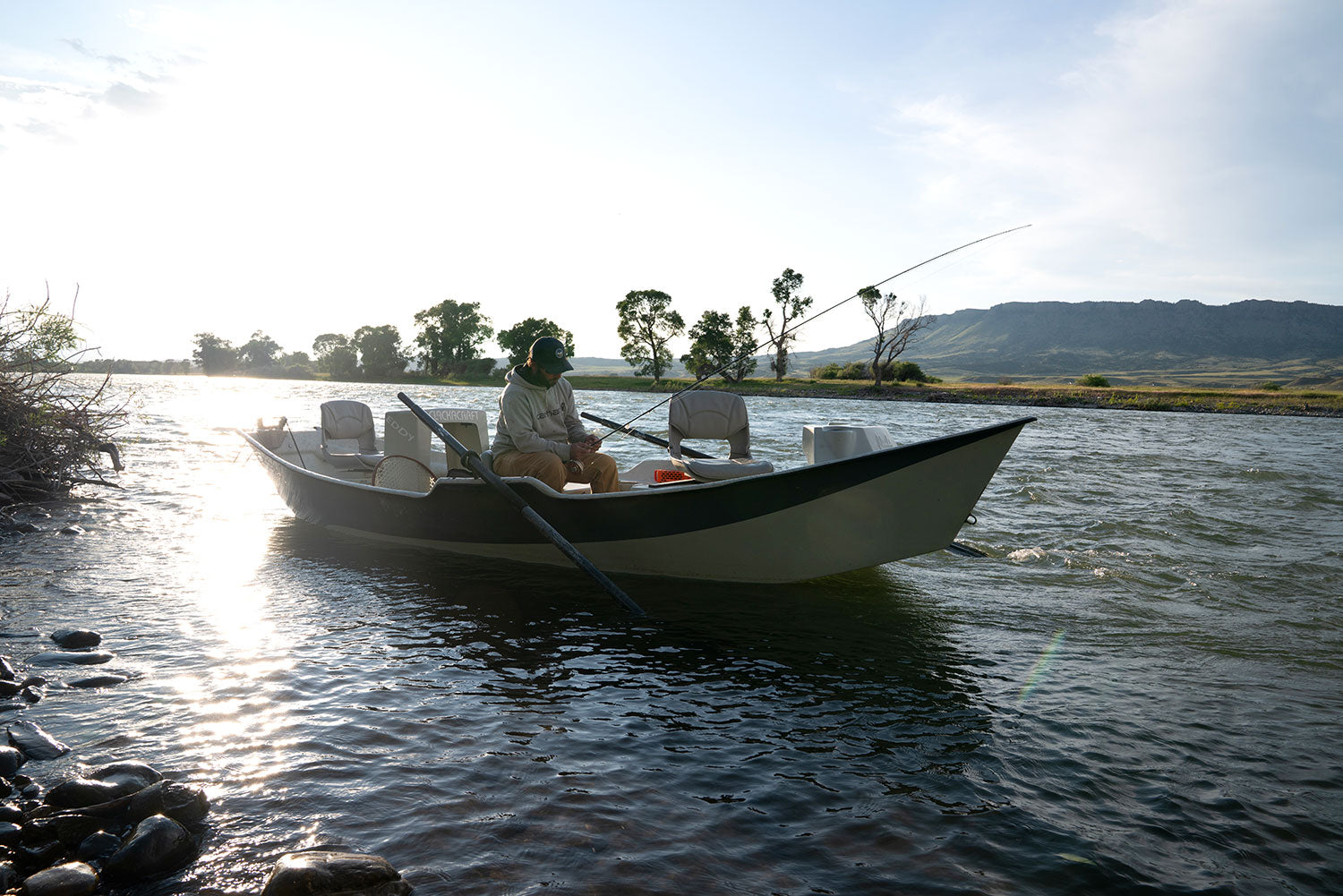 Fly fishing Yellowstone River in a drift boat